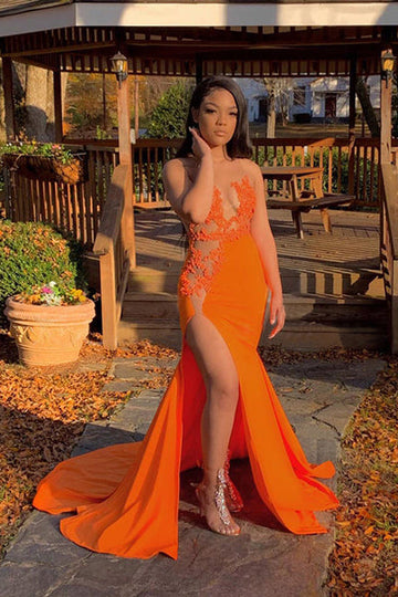 SEE THROUGH SLEEVELESS FRONT SLIT BRUSH TRAIN APPLIQUES MERMAID PROM DRESS HZ1023